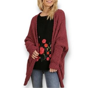 Umgee Popcorn Knit Red Sweater Cardigan Pockets Oversized SMALL Fall Layering